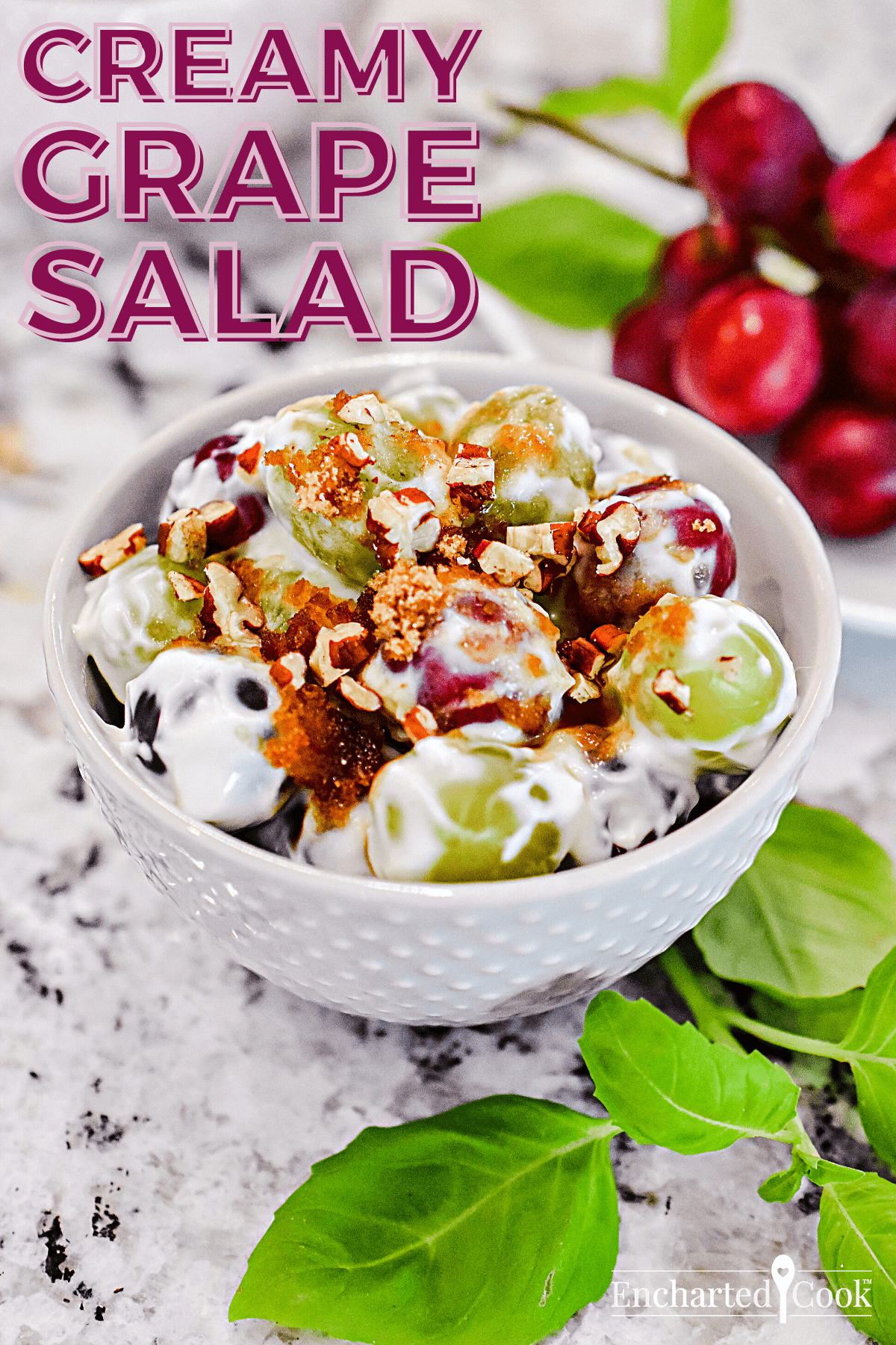 A bowl of salad topped with pecans and brown sugar with text overlay.