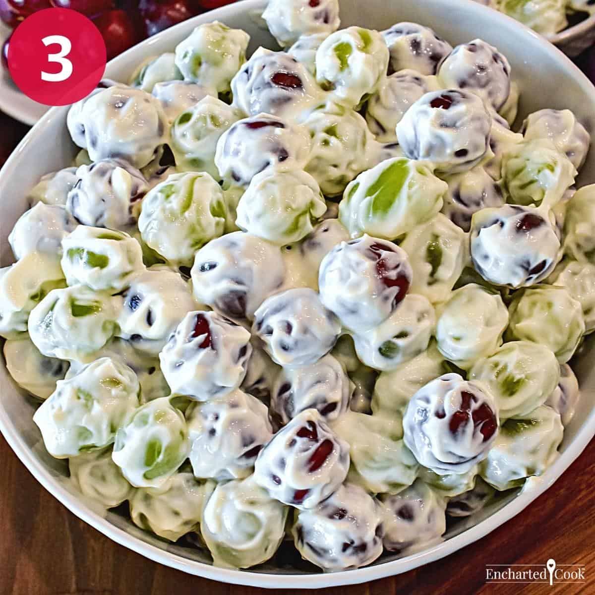 The grapes are completely covered with the creamy whit dressing.
