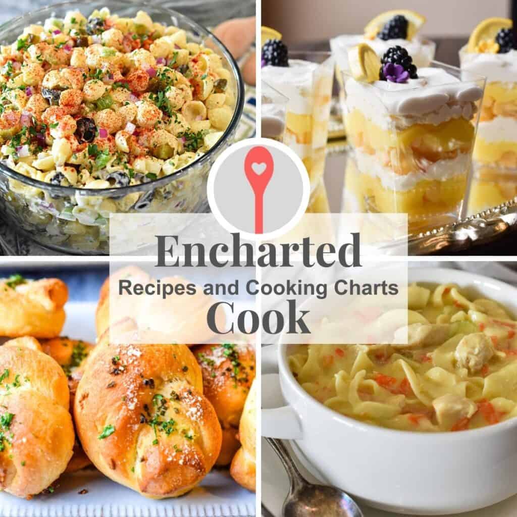 Collage of salad, dessert, bread, and soup with text and logo overlays.