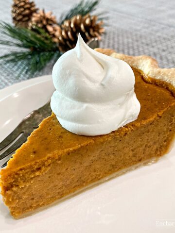 A slice of pumpkin pie on a white plate with a pine cone decoration in the background.