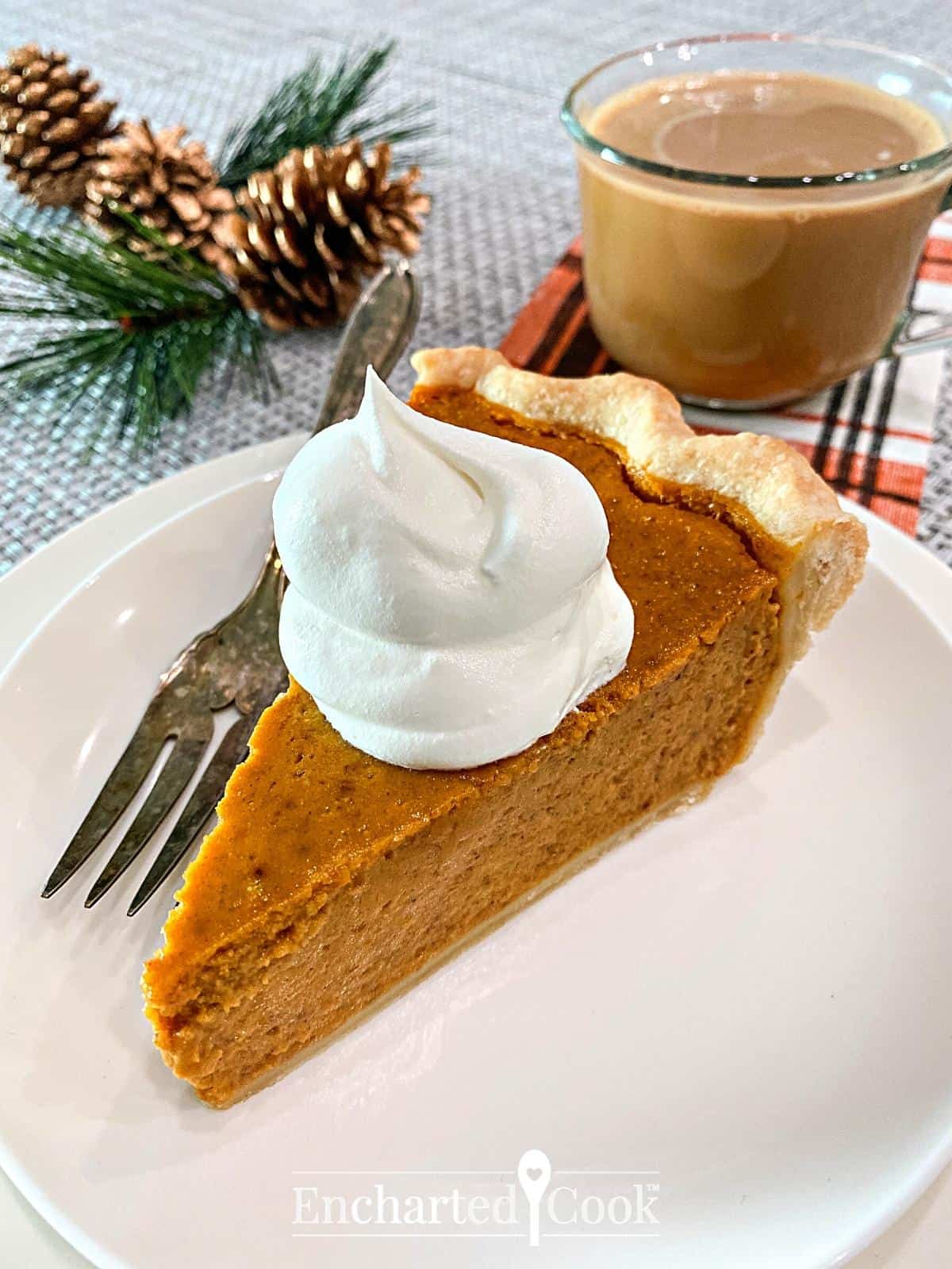 A slice of pumpkin pie on a white plate with a cup of coffee and a pine cone decoration in the background.