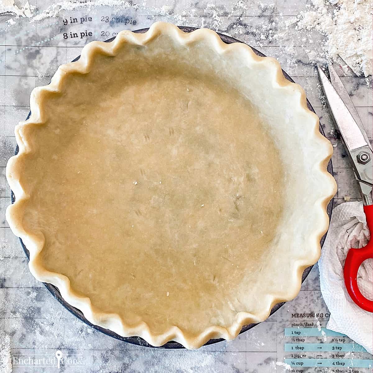 A single crust pie shell ready to bake.