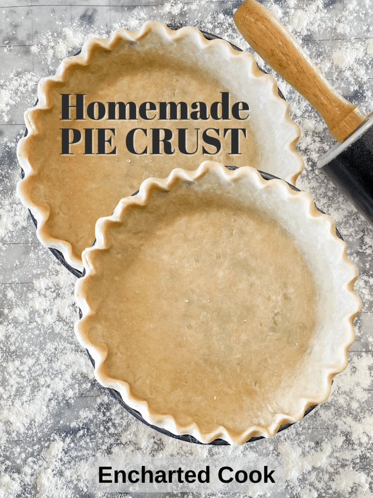 Two pie crust shells in pans on a floured surface with a rolling pin with text overlay.