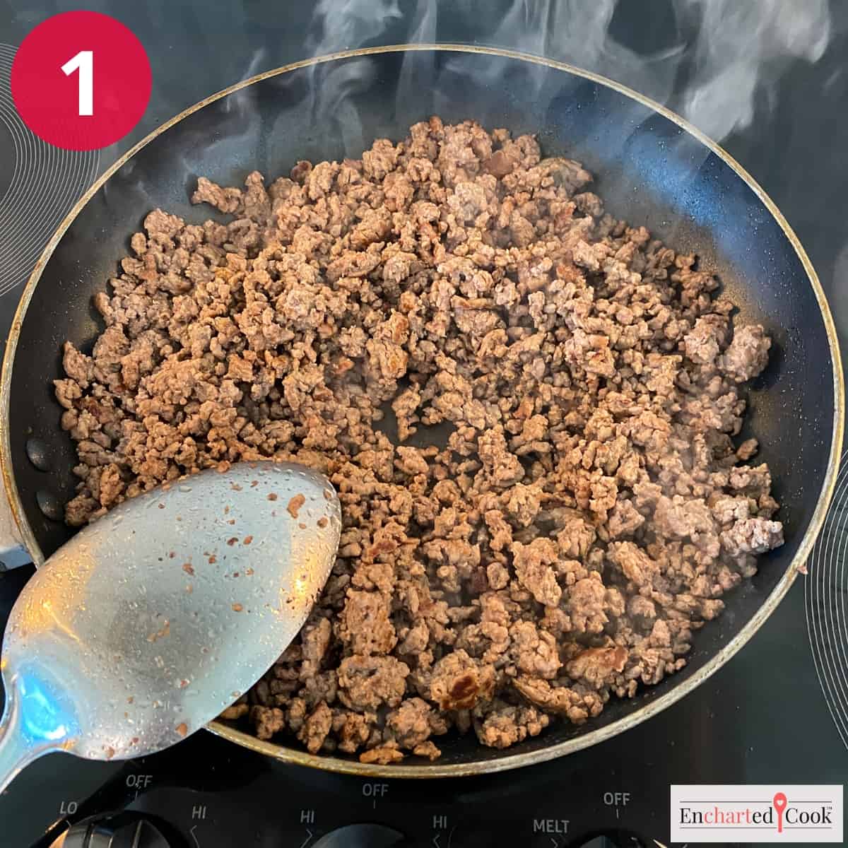 Process Photo 1 - Browning the ground beef in a skillet.