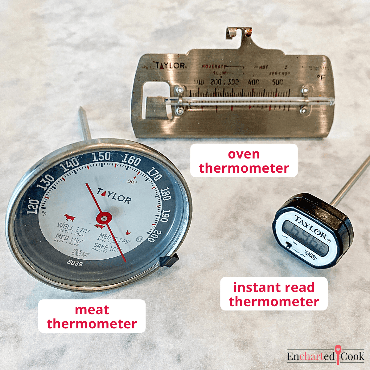 Types of thermometers for roasting meat, clockwise from top: oven thermometer, instant read thermometer, and a meat thermometer.