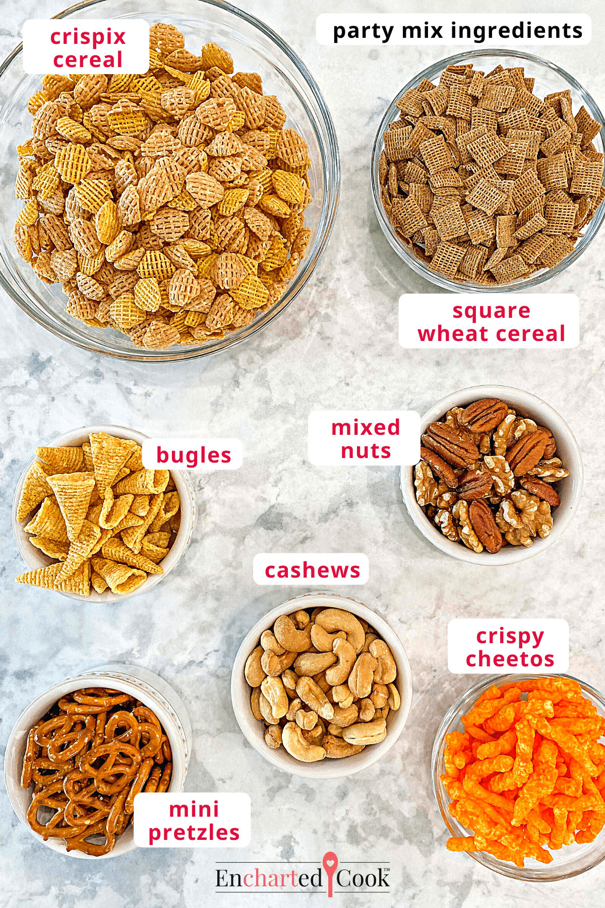 Party Mix Ingredients, clockwise from top right: square wheat cereal, mixed nuts, crispy cheetos, cashews, mini pretzels, bugles, and crispix cereal.