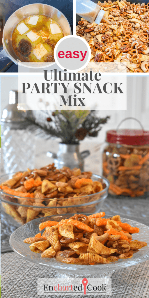 A collage of pictures on how to make a bowl of party snack mix with text overlay.