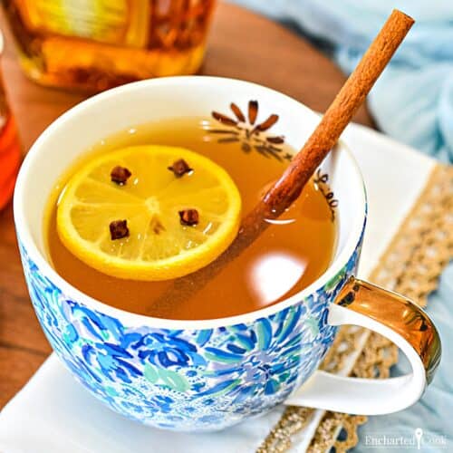 A hot toddy garnished with a slice of lemon studded with whole cloves and a cinnamon stick.