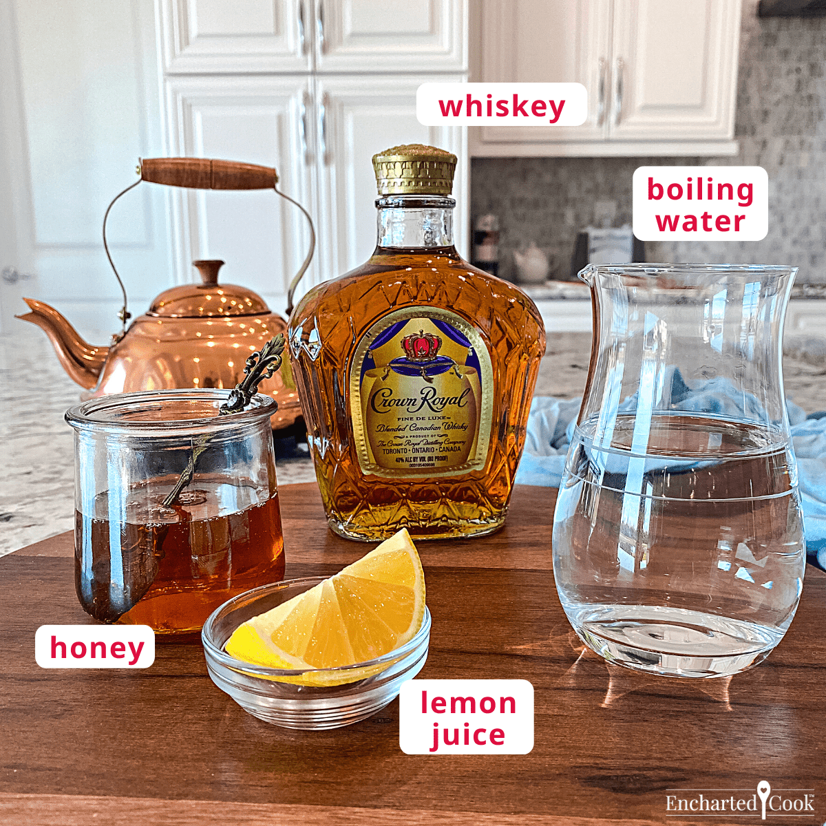 The ingredients, clockwise from top: whiskey, boiling water, lemon juice, and honey.