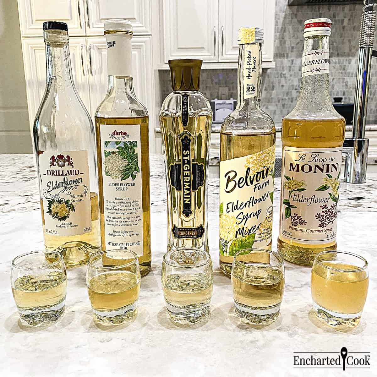 A selection of elderflower syrups and liqueurs, from left to right: Drillaud, D'Arbo, St. Germain, Belvoir Farm, and Monin.