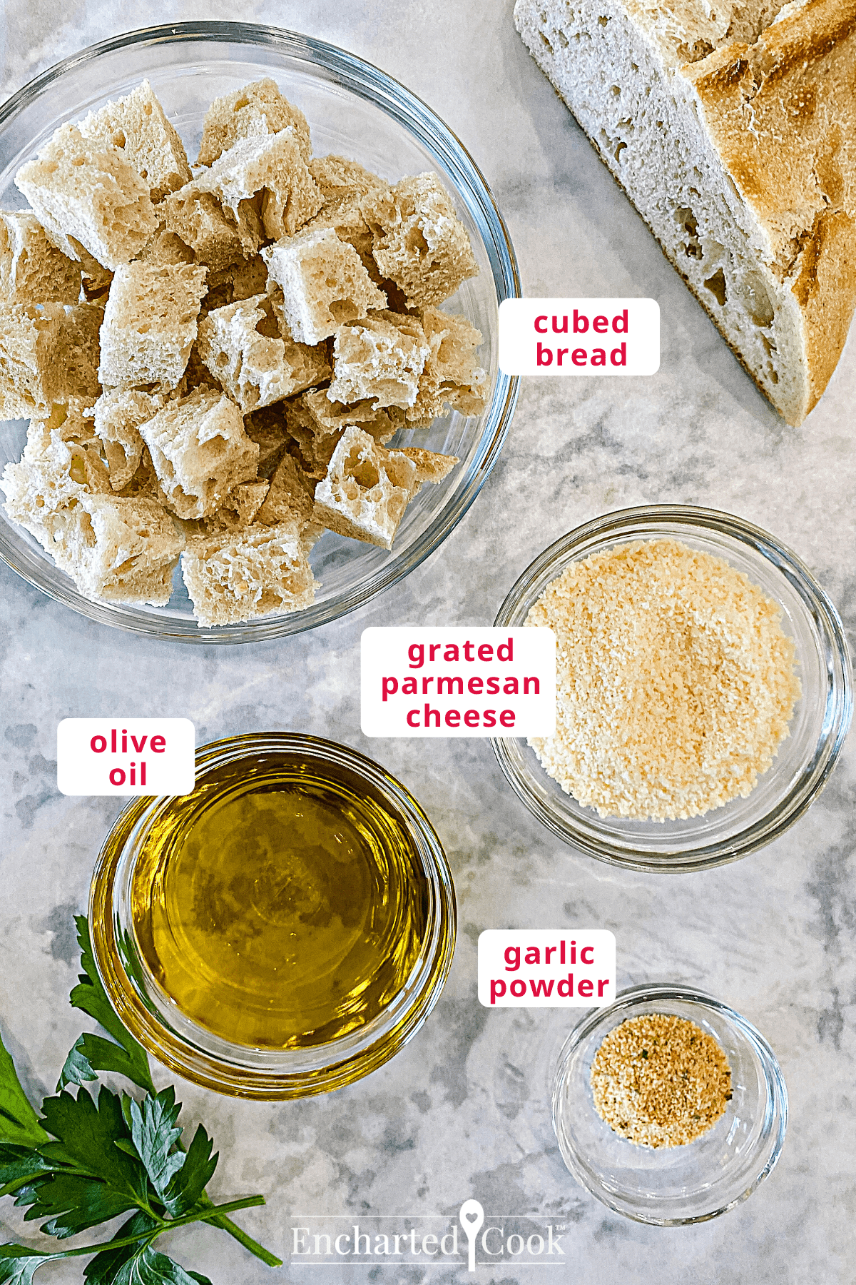 The ingredients, clockwise from top: cubed bread, grated parmesan cheese, garlic powder, and olive oil.
