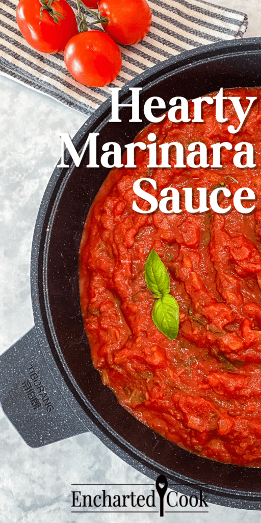 Marinara Sauce in a Dutch oven garnished with fresh basil with text overlays.