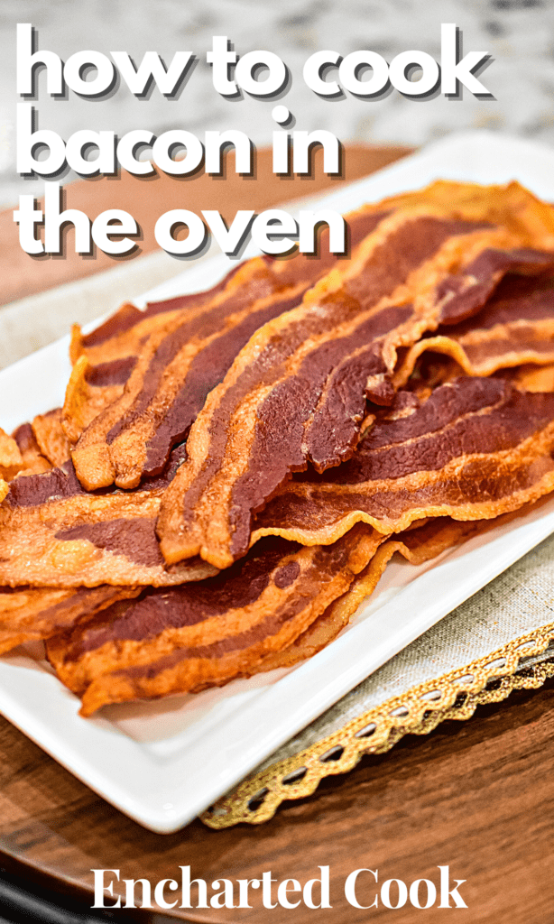 Cooked bacon on a white plate with a beige linen napkin with text overlay.