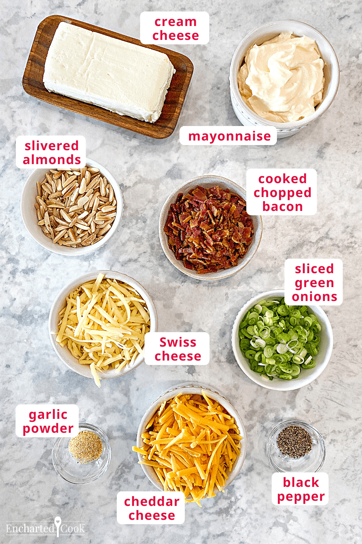 The ingredients, clockwise from top: cream cheese, mayonnaise, cooked chopped bacon, sliced green onions, black pepper, cheddar cheese, garlic powder, Swiss cheese, and slivered almonds.