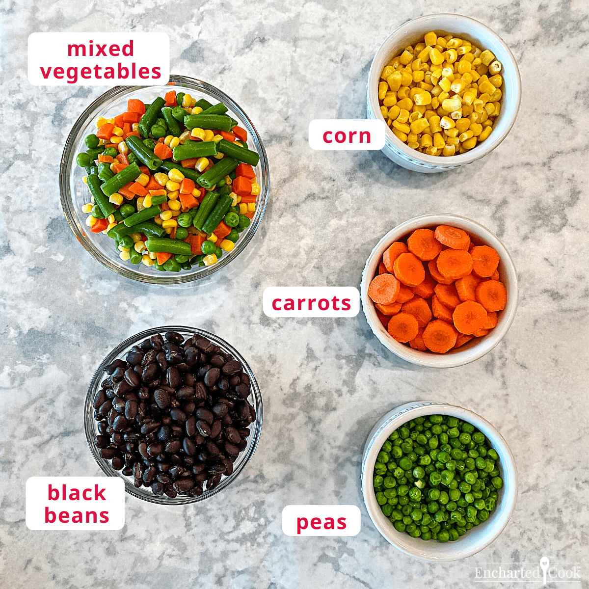 The vegetables for the soup, clockwise from top right: corn, carrots, peas, black beans, and mixed vegetables.