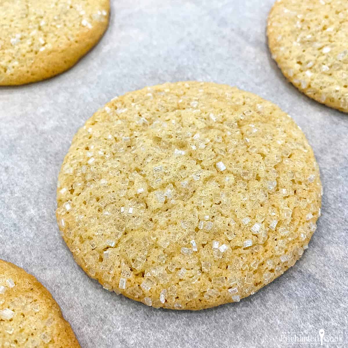 Close up view of a sugar cookie with sparkling sugar.