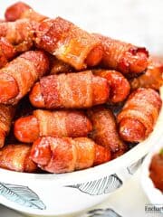 Bacon Wrapped Smokies in a decorative bowl.