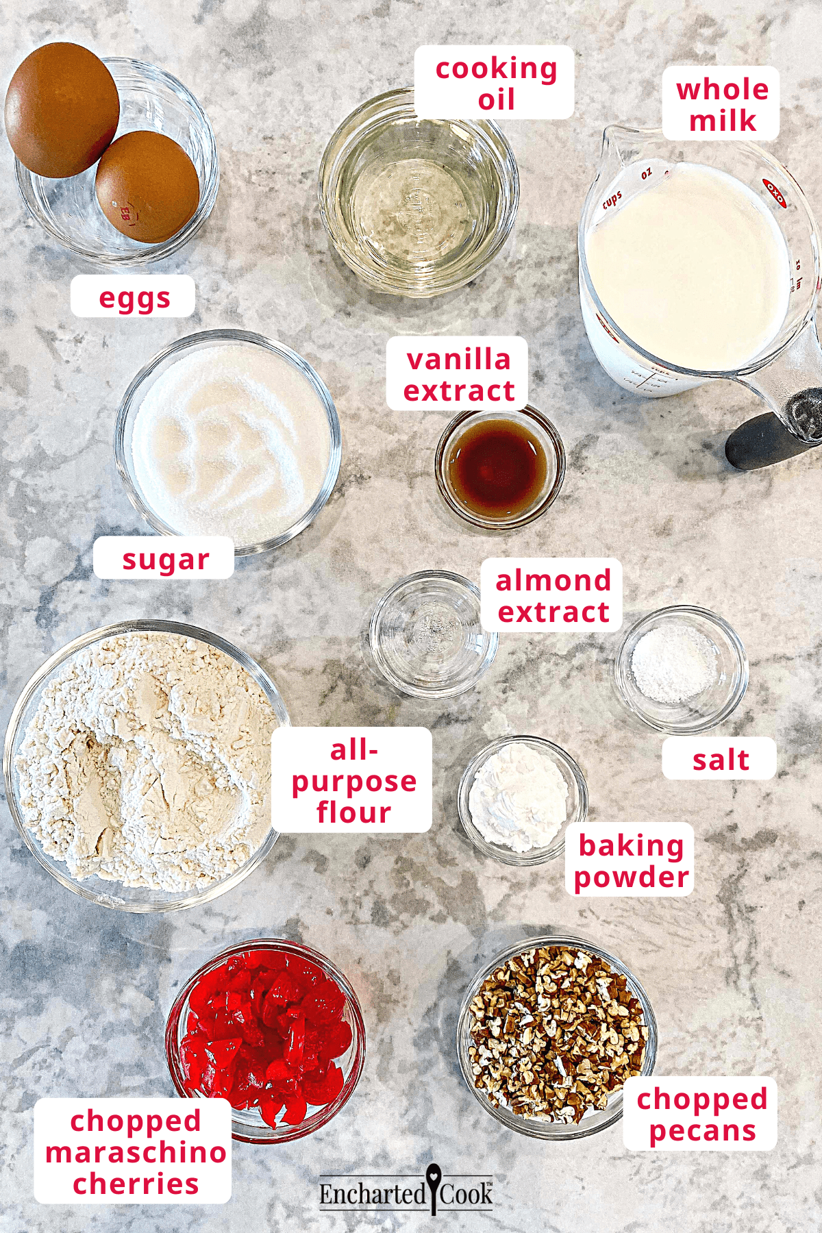 The ingredients, clockwise from top left: eggs, cooking oil, whole milk, vanilla extract, almond extract, salt, baking powder, chopped pecans, chopped maraschino cherries, all purpose flour, and sugar.