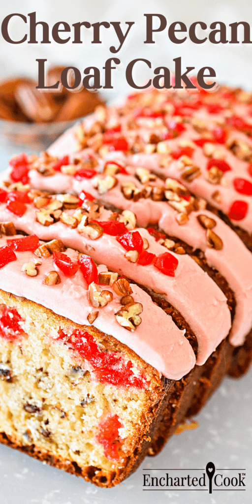 A sliced loaf cake frosted with pink frosting and decorated with chopped pecans and cherries on a white plate with text overlay.