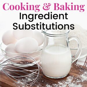 Eggs, milk, and a whisk on a wooden board splashed with flour with text overlay.