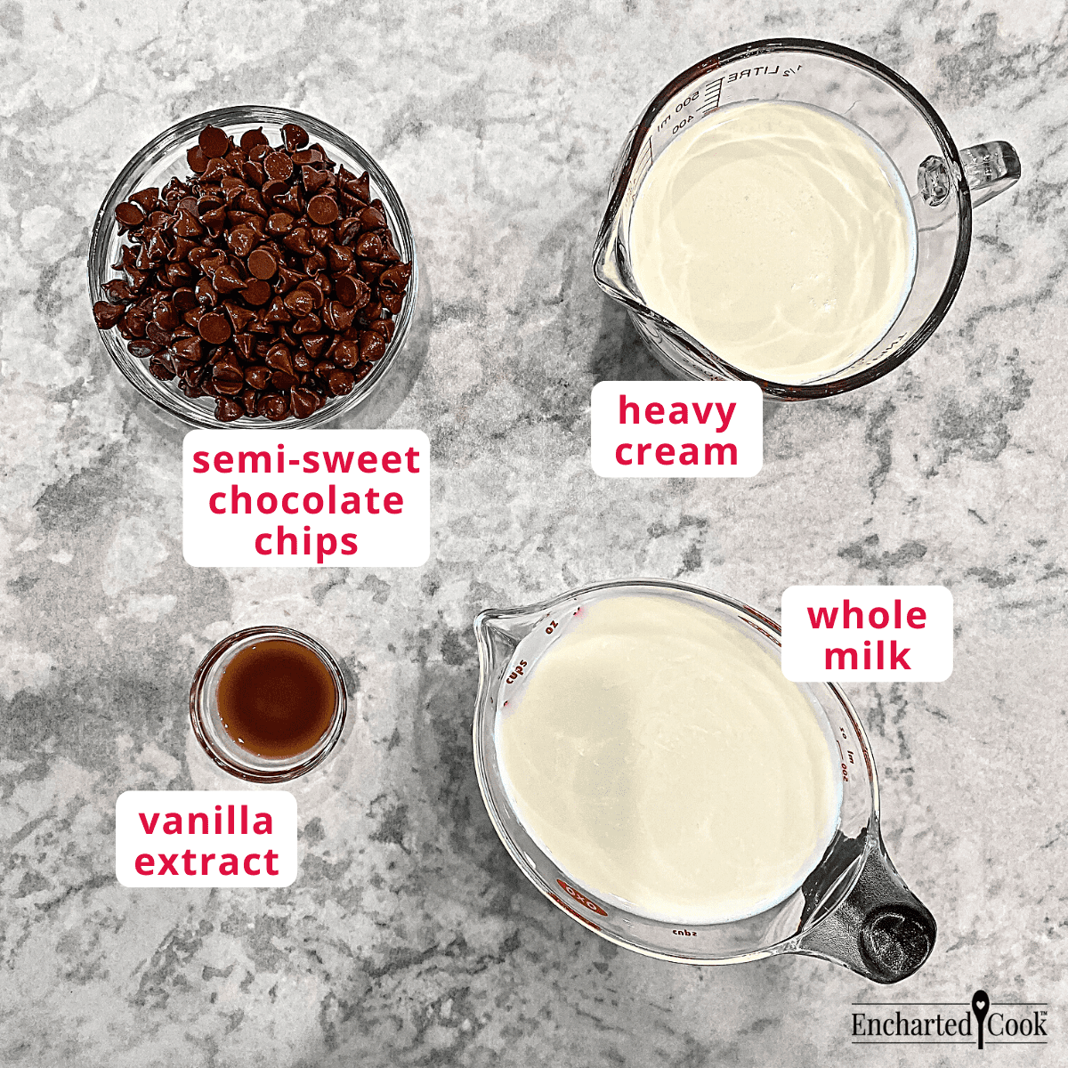 The ingredients, clockwise from top right: heavy cream, whole milk, vanilla extract, and semi-sweet chocolate chips.