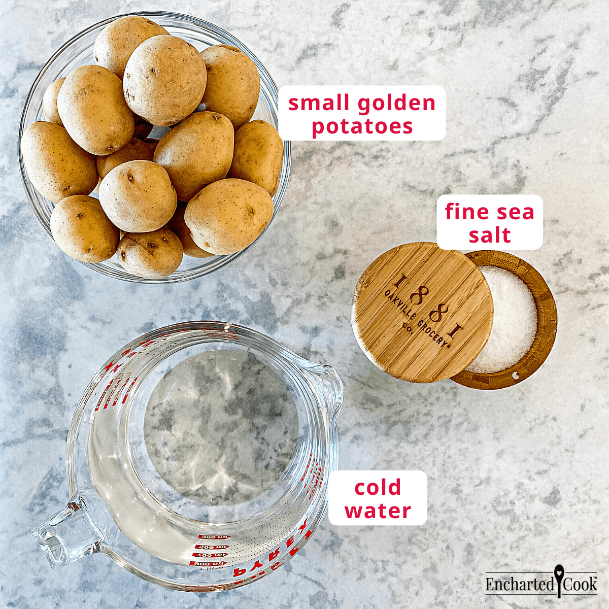 The ingredients, labeled, from top: small golden potatoes, fine sea salt, and cold water.