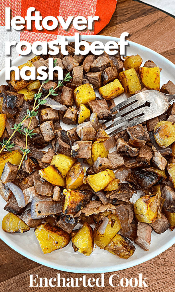 Leftover roast beef hash with potatoes and onions on a white plate with a fork and text overlay.
