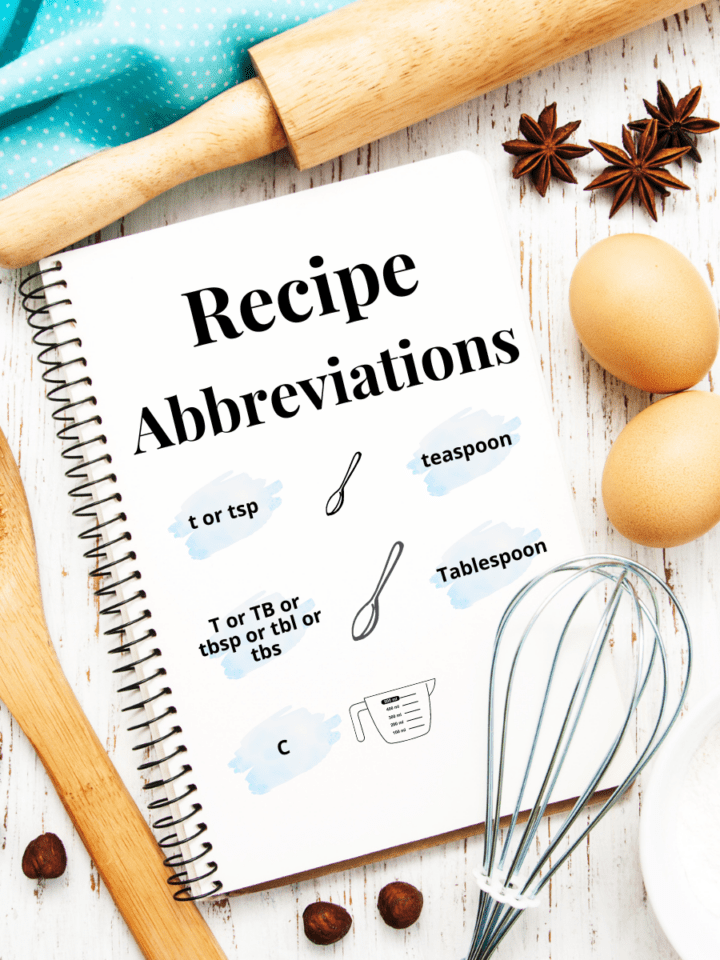 Rolling pin, whisk, and eggs surrounding a notebook with text reading "recipe abbreviations".