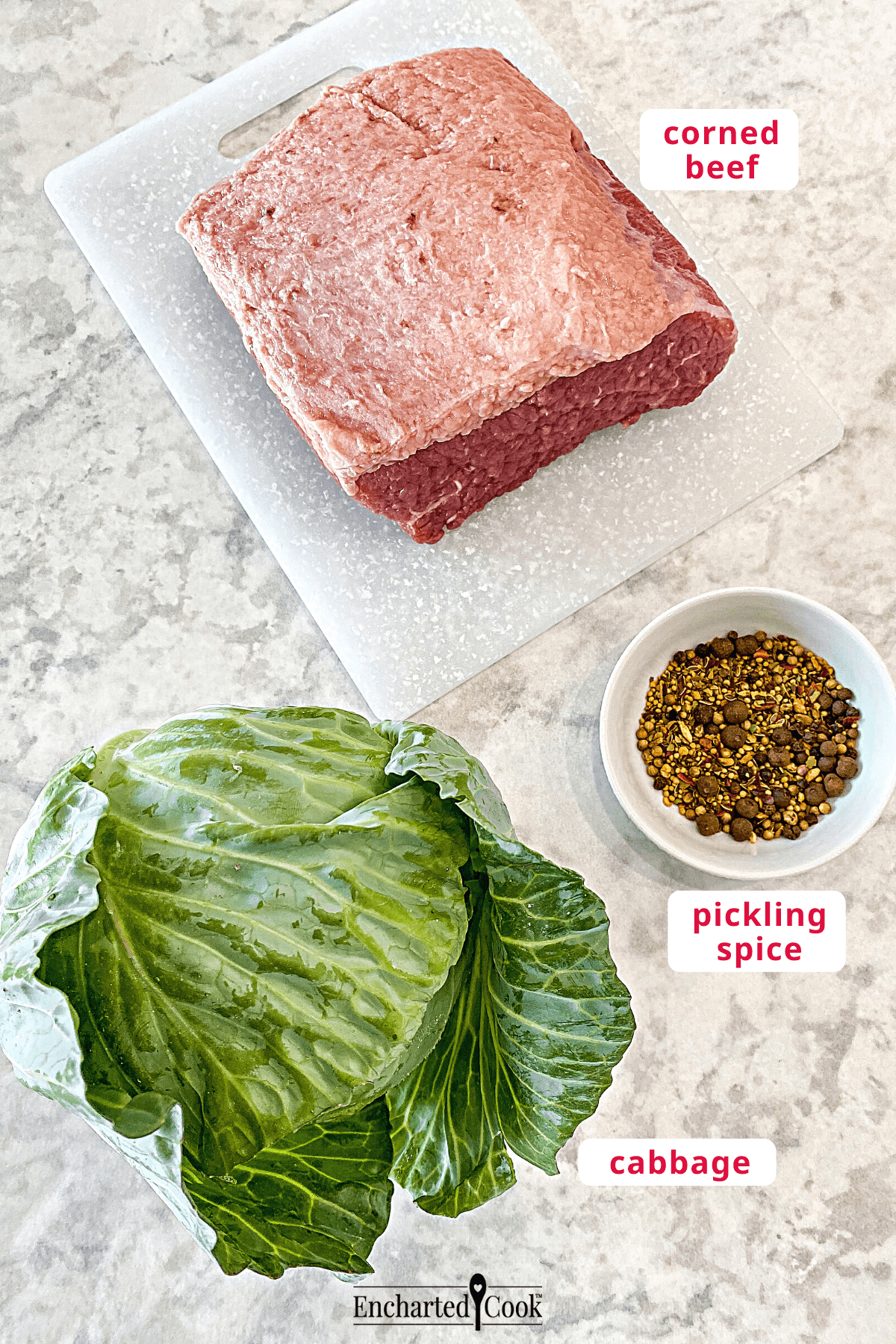 The ingredients, from top to bottom: uncooked corned beef, pickling spice, and fresh green cabbage.