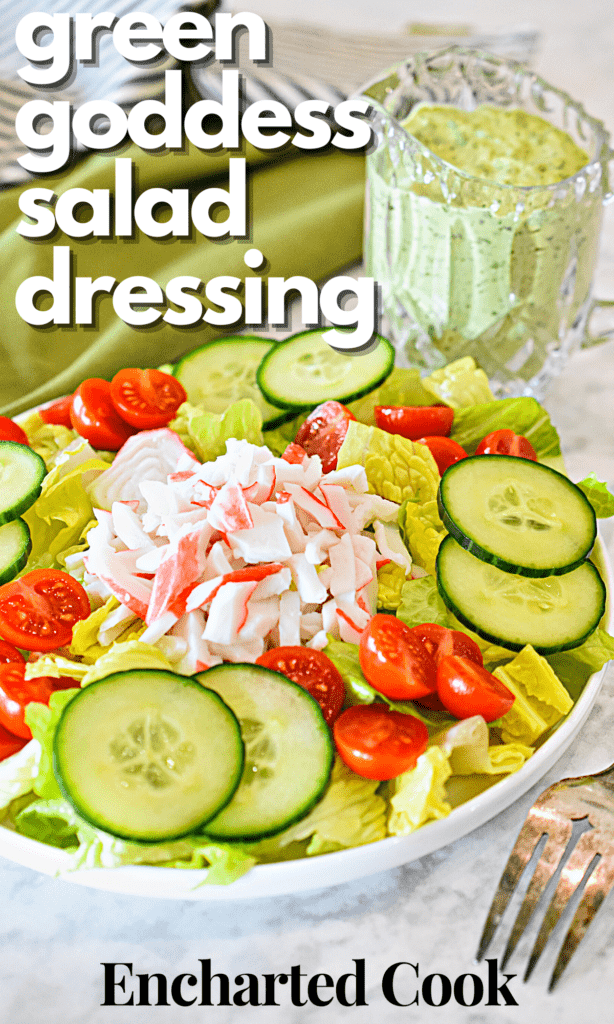 A salad of lettuce, tomato, cucumber, and krab, with green salad dressing in a crystal pitcher with text overlay.