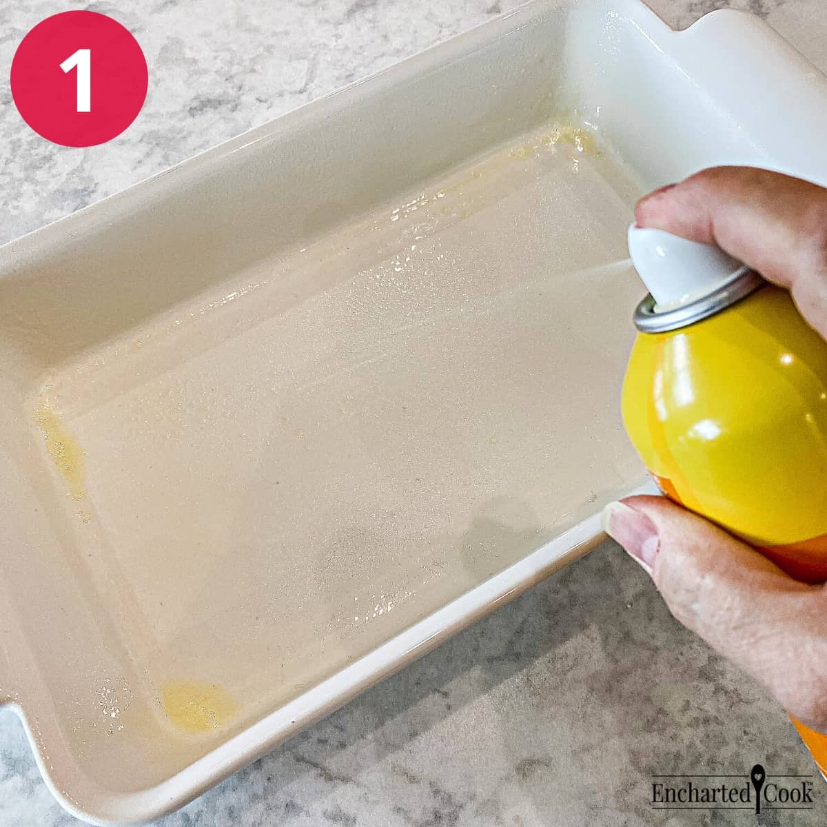 Process Photo 1 - Greasing a 2 quart casserole dish with cooking spray.