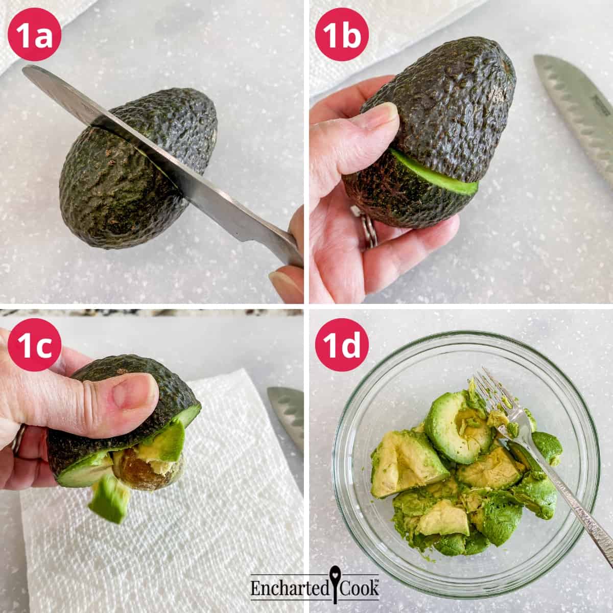 Process Photo 1 - A collage of how to safely cut open and pit and avocado.