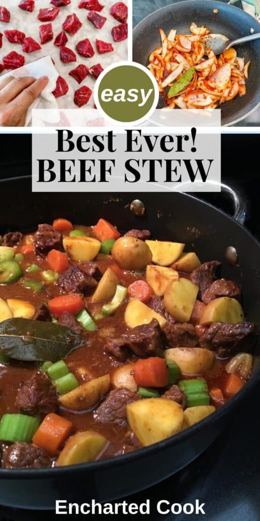 A collage of how to make beef stew plus an image of the finished stew with rich brown gravy in a large pan with text overlay.
