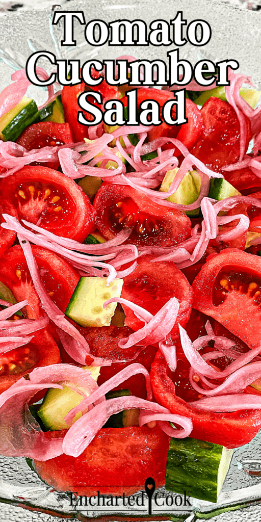 Wedges of tomatoes, sliced cucumbers, and pickled red onions with text overlay.