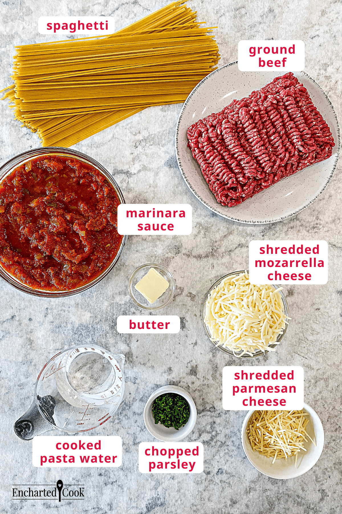 The ingredients, clockwise from top left: spaghetti, ground beef, shredded mozzarella cheese, shredded parmesan cheese, chopped parsley, cooked pasta water, butter, and marinara sauce.