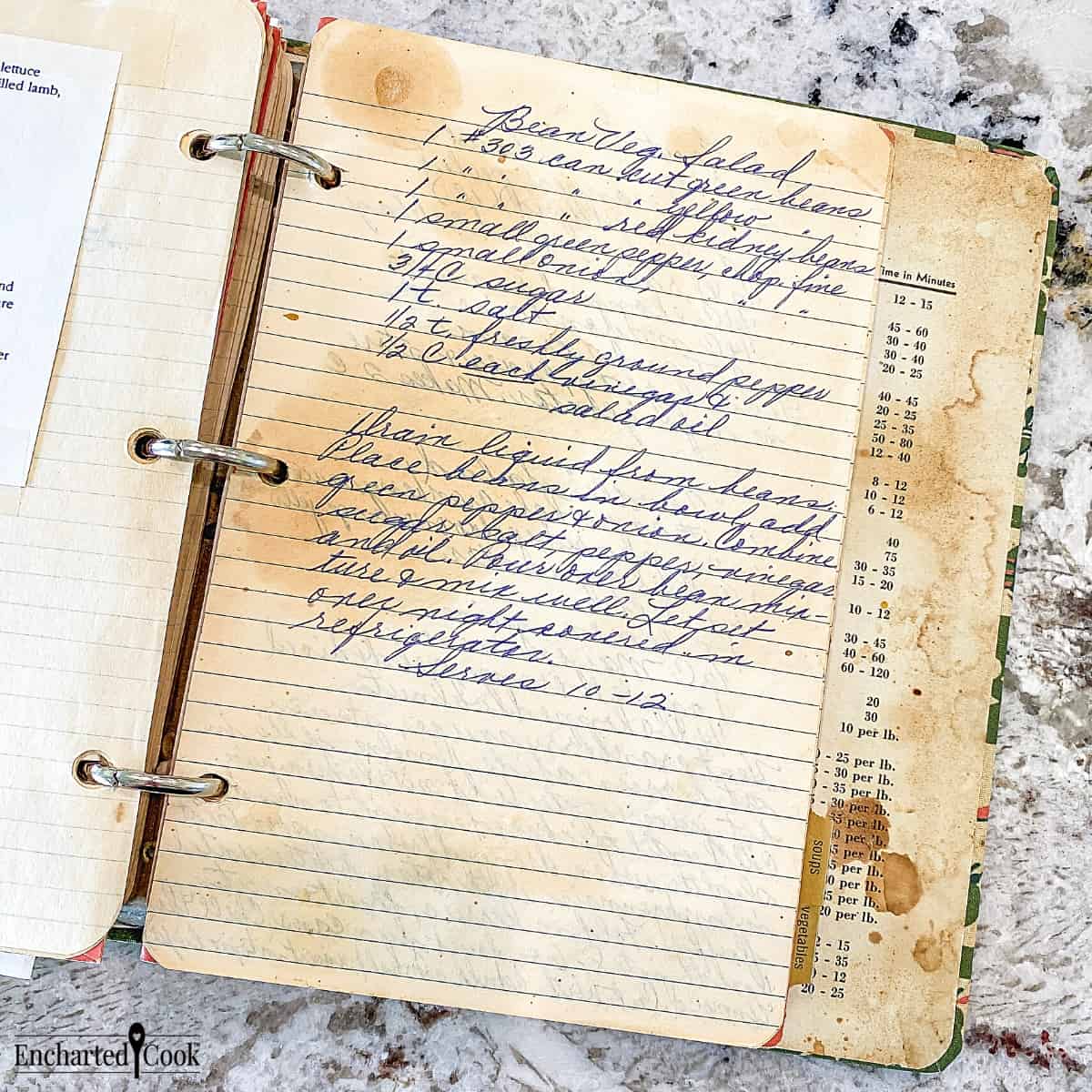 My mom's handwritten bean salad recipe in a 3-ring recipe binder from the 1960s.