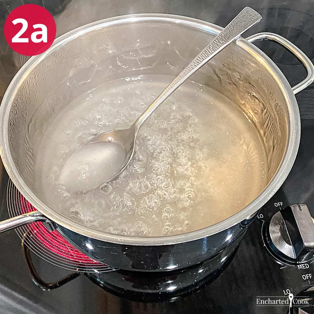 Process Photo 2a - Water, sugar, and cornstarch are simmering in a medium saucepan.