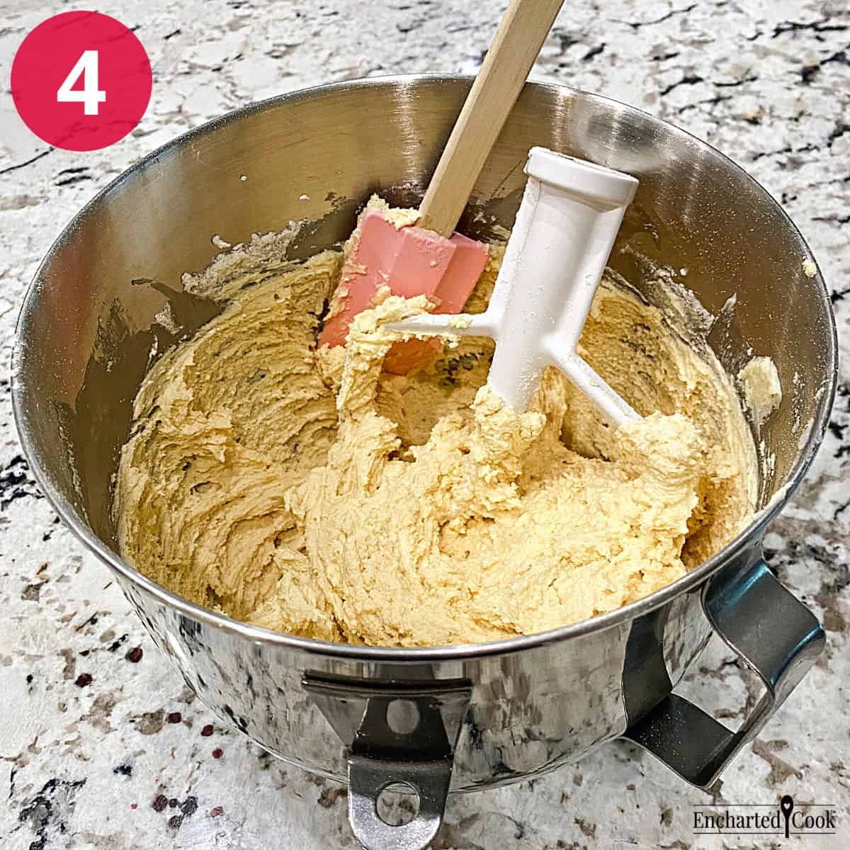 Process Photo 4 - Dry ingredients are fully incorporated into the creamed mixture in a large mixing bowl.