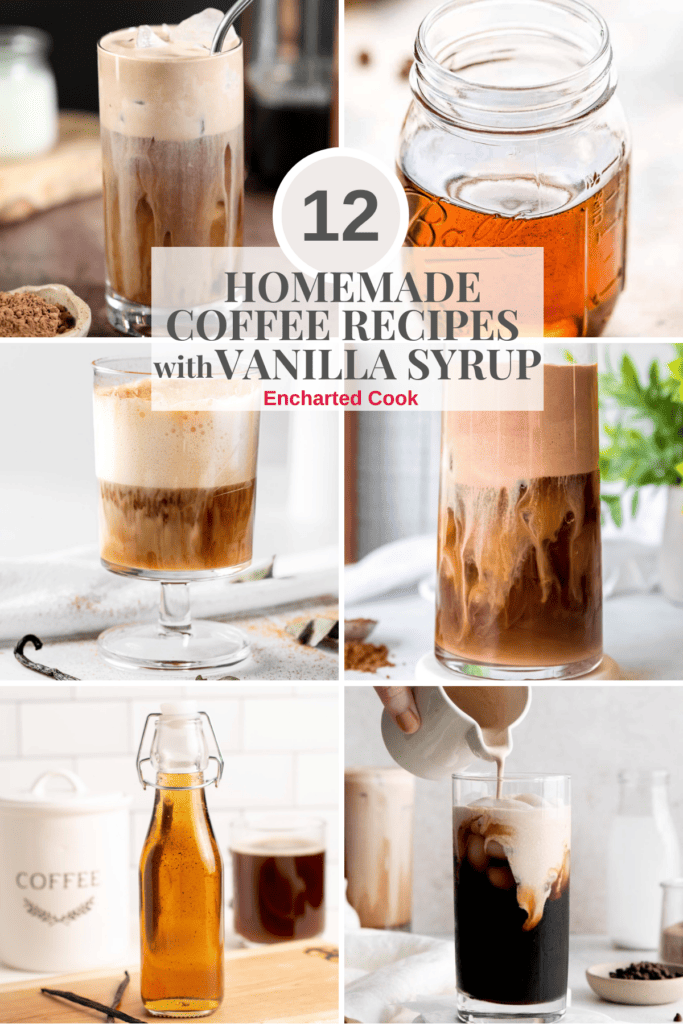 A collage of coffee drinks and vanilla simple syrup with text overlays.