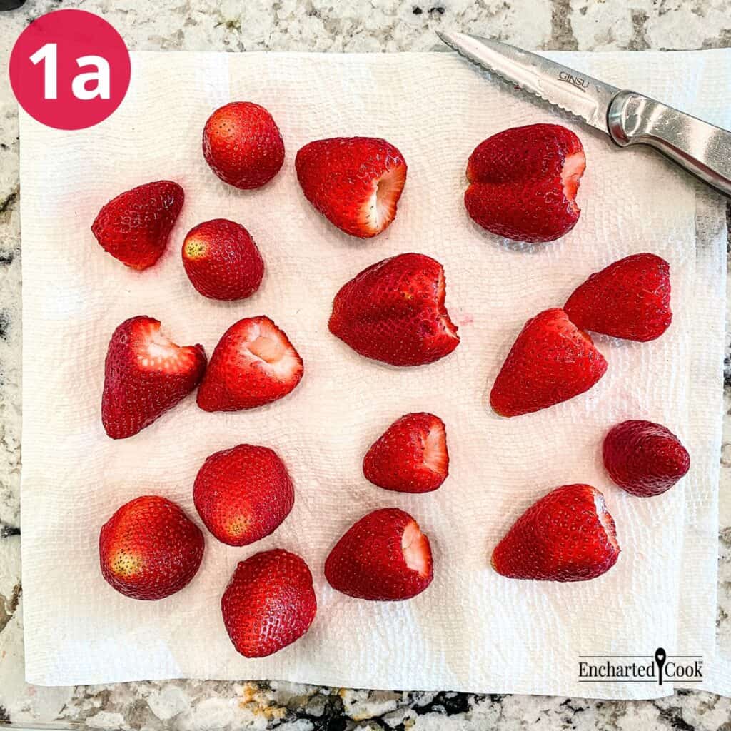 Process Photo 1a - Washed and hulled fresh strawberries are on a paper towel to dry.