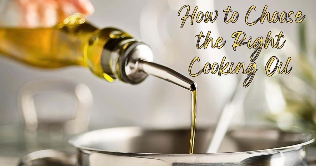 A hand pouring a bottle of oil into a stainless steel pot with text overlay.