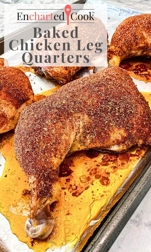 Baked chicken legs coated with in a savory spice rub on a rimmed baking pan with text overlay.