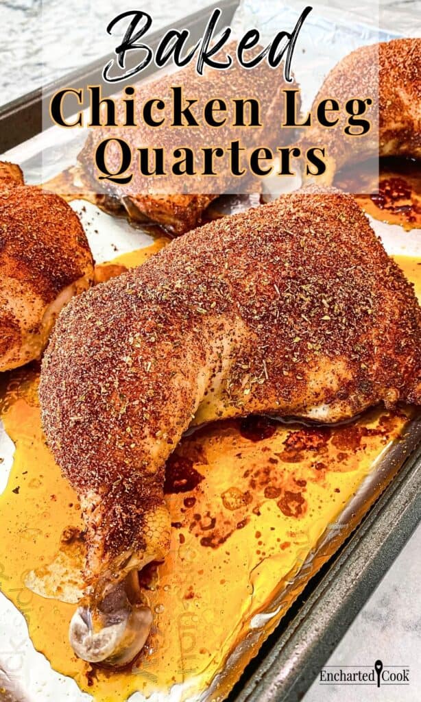 Baked chicken legs coated with in a savory spice rub on a rimmed baking pan with text overlay.