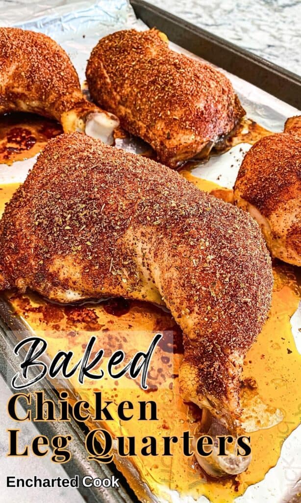 Baked chicken legs coated with in a savory spice rub on a rimmed baking pan with text overlay.