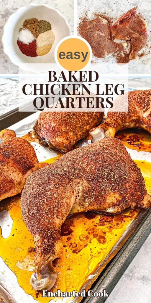 Baked chicken legs coated with in a savory spice rub on a rimmed baking pan with text overlay.