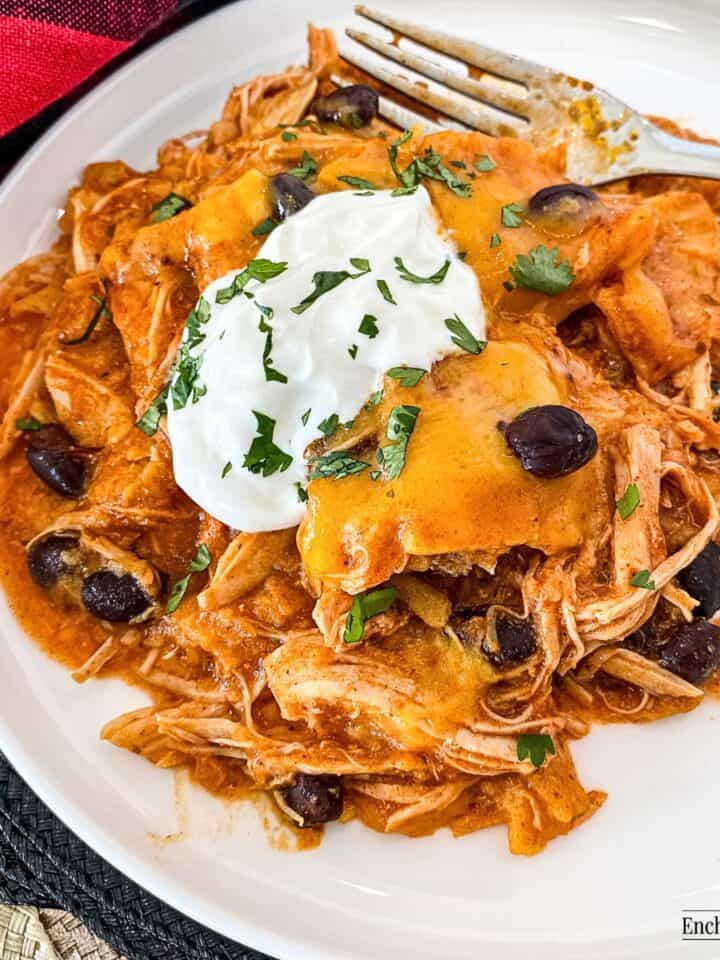 A serving of a casserole of red enchilada sauce, shredded chicken, cheddar cheese, and corn tortillas on a white plate with a fork.