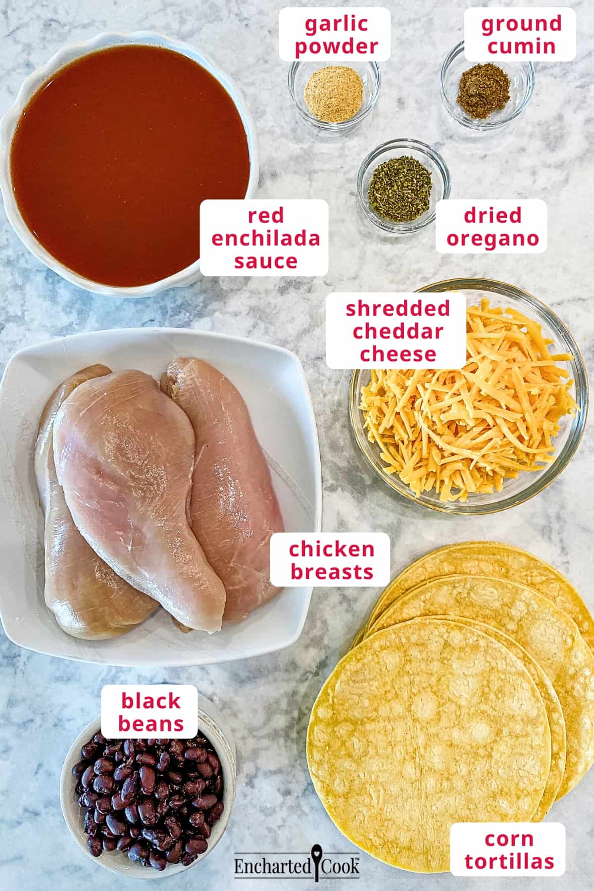 The ingredients, clockwise from top left: red enchilada sauce, garlic powder, ground cumin, dried oregano, shredded cheddar cheese, corn tortillas, black beans, and raw chicken breasts.