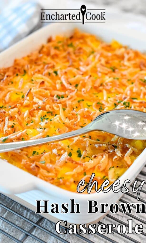 A cheesy and crispy onion topped casserole is in a white oblong baking dish on a wire rack with text overlay.