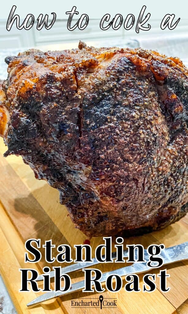 A fully cooked and deeply caramelized standing rib roast on a wooden carving board with text overlays.