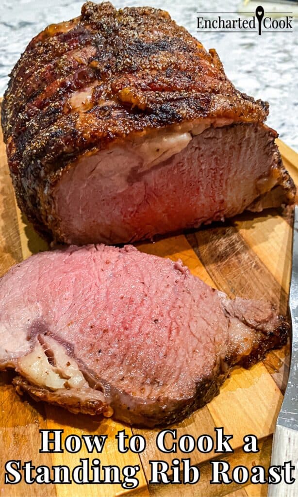 A medium-rare standing rib roast being carved on a wooden carving board with text overlays.